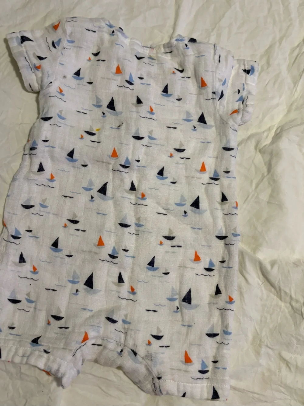 Angel Dear White Baby Romper with Navy & Orange Sailboat Print